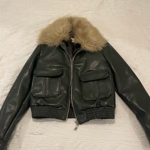 Green faux leather jacket with fur neck - urban outfitters